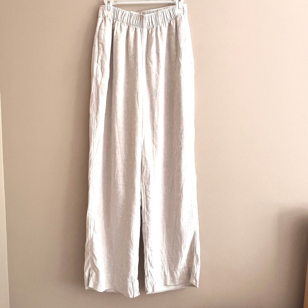 Abercrombie & Fitch Linen Blend Lines Wide Leg Pants Beige Womens 30" long